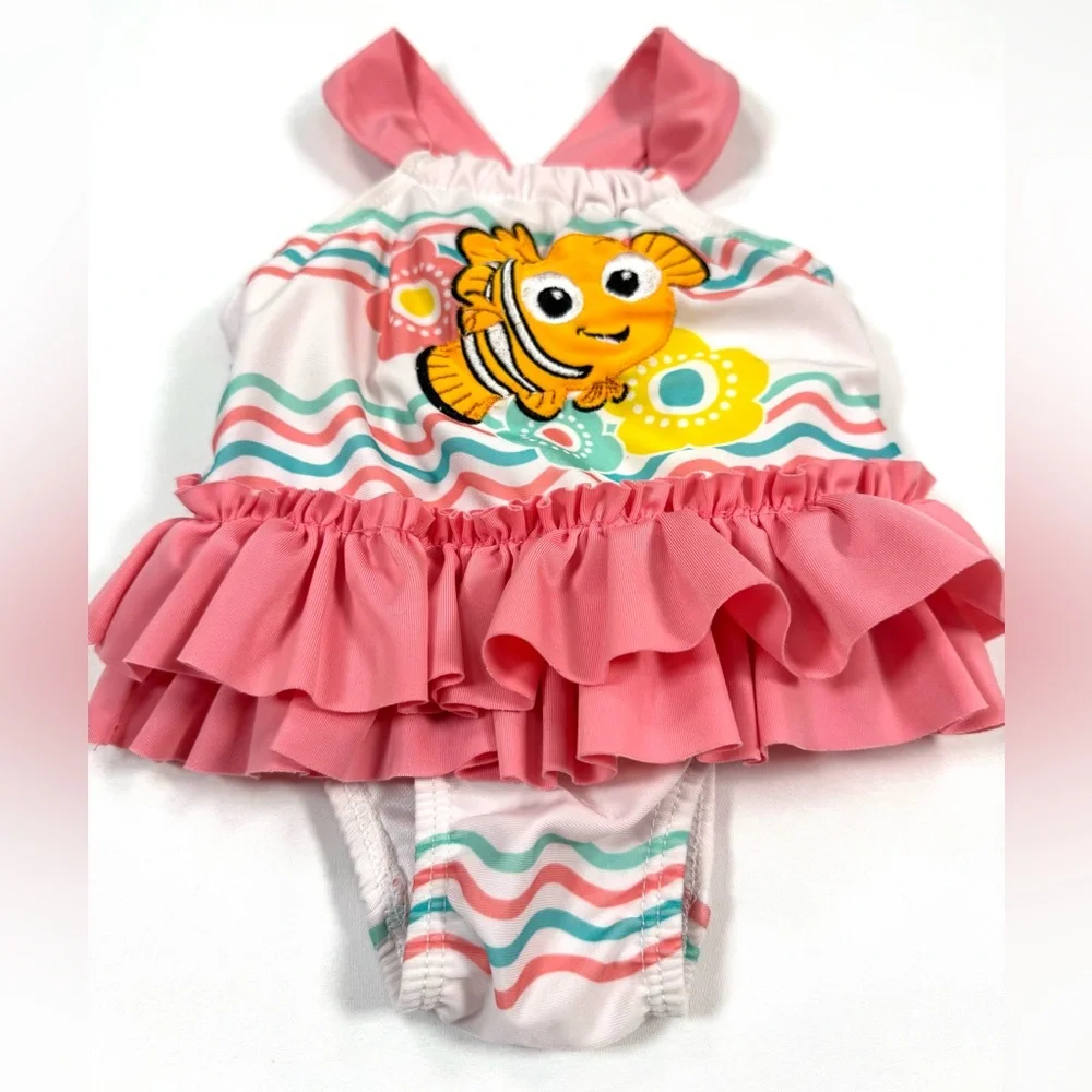 DISNEY BABY Girls Finding Nemo Swimsuit 3-6M Ruffle One Piece Baby Swim Tropical